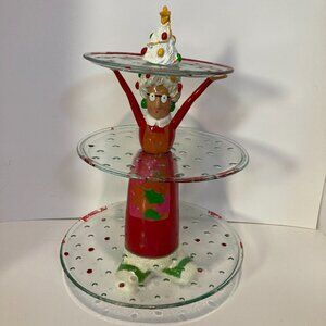 Vintage Holiday 3 Tier Serving Stray Grandma Christmas Tree Ceramic Glass Unique